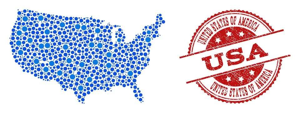 Mosaic Map of USA with Connected Points and Scratched Stamp Illustrazione stock
