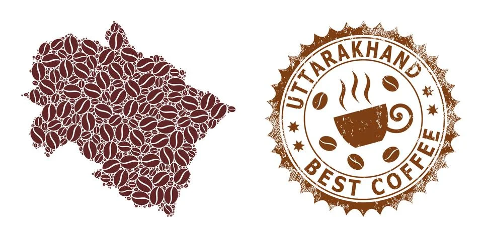 Mosaic Map of Uttarakhand State from Coffee Beans and Distress Award for Best Stock Illustration