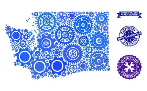 Mosaic Map of Washington State with Gears and Rubber Seals for Service Stock Illustration