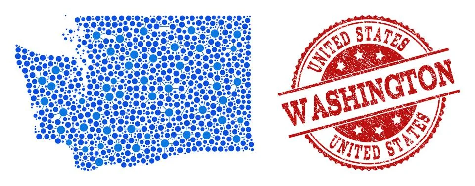 Mosaic Map of Washington State with Linked Points and Distress Seal 스톡 일러스트