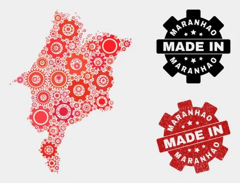 Mosaic Maranhao State Map of Cog Elements and Grunge Stamp 스톡 일러스트