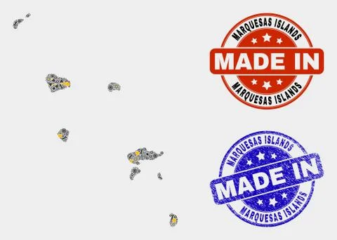 Mosaic Marquesas Islands Map of Workshop Elements and Made In Grunge Seal Illustrazione stock