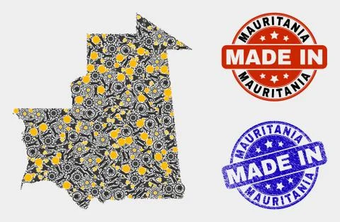 Mosaic Mauritania Map of Industry Elements and Made In Grunge Seal 스톡 일러스트