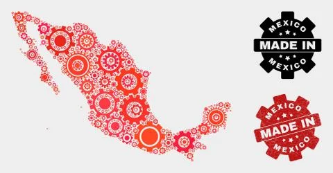 Mosaic Mexico Map of Gear Elements and Grunge Seal Illustrazione stock