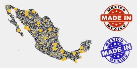 Mosaic Mexico Map of Industrial Elements and Made In Grunge Seal Illustrazione stock