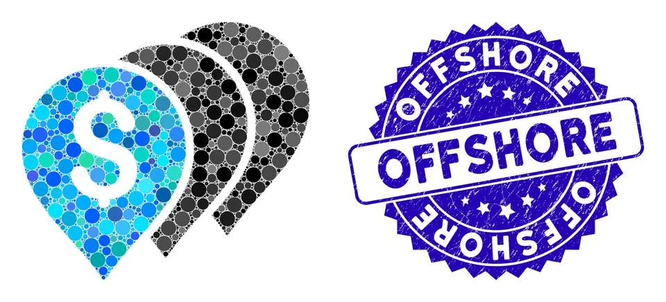 Mosaic Money Map Pointers Icon with Grunge Offshore Seal イラスト素材
