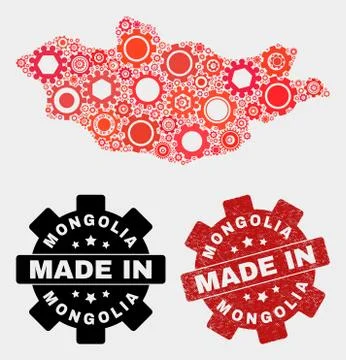 Mosaic Mongolia Map of Cog Elements and Grunge Stamp Stock Illustration