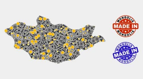 Mosaic Mongolia Map of Workshop Elements and Made In Grunge Stamp Illustrazione stock