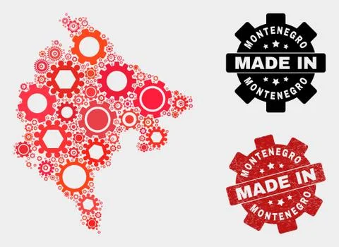 Mosaic Montenegro Map of Cog Elements and Grunge Stamp イラスト素材