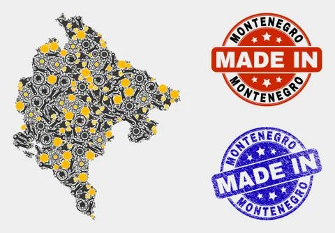 Mosaic Montenegro Map of Industry Elements and Made In Grunge Seal Illustrazione stock