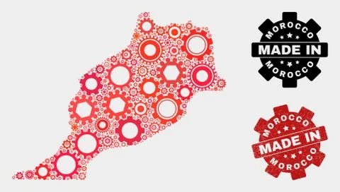 Mosaic Morocco Map of Gearwheel Elements and Grunge Seal Illustrazione stock