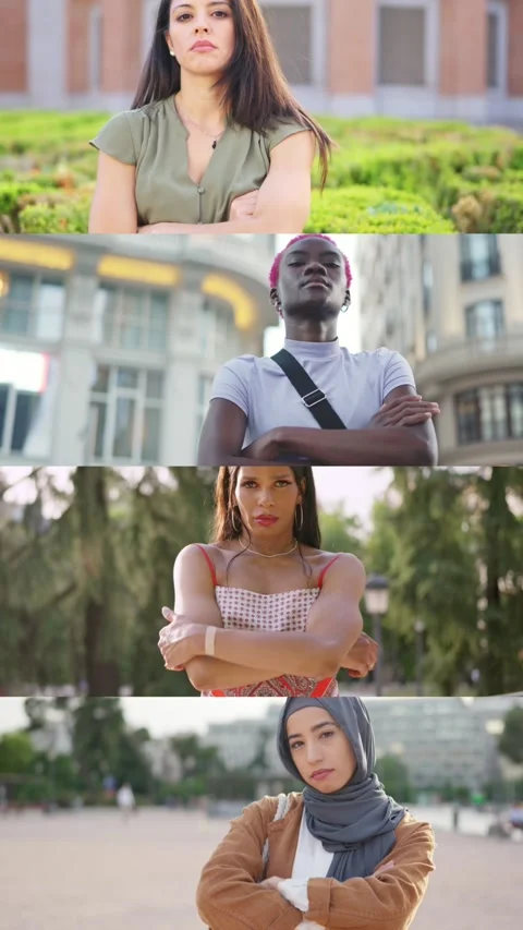 Mosaic of multi-ethnic multi-gender people with angry expression outdoors Vídeos de archivo 244762405