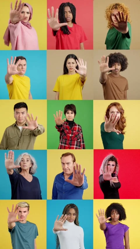 Mosaic of multi-ethnic people gesturing stop with hand Vídeo Stock 246263896