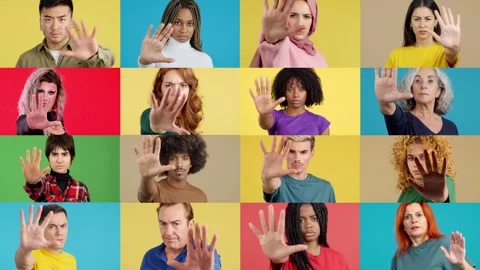 Mosaic of multi-ethnic people gesturing stop with hand Видео 252060540