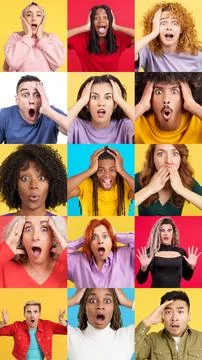 Mosaic of multiethnic people with surprised expression Stock Photos