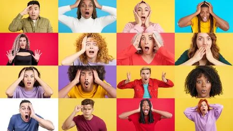 Mosaic of multiethnic people with surprised expression Stock Photos