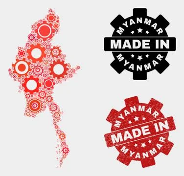 Mosaic Myanmar Map of Gear Elements and Grunge Seal Stock Illustration
