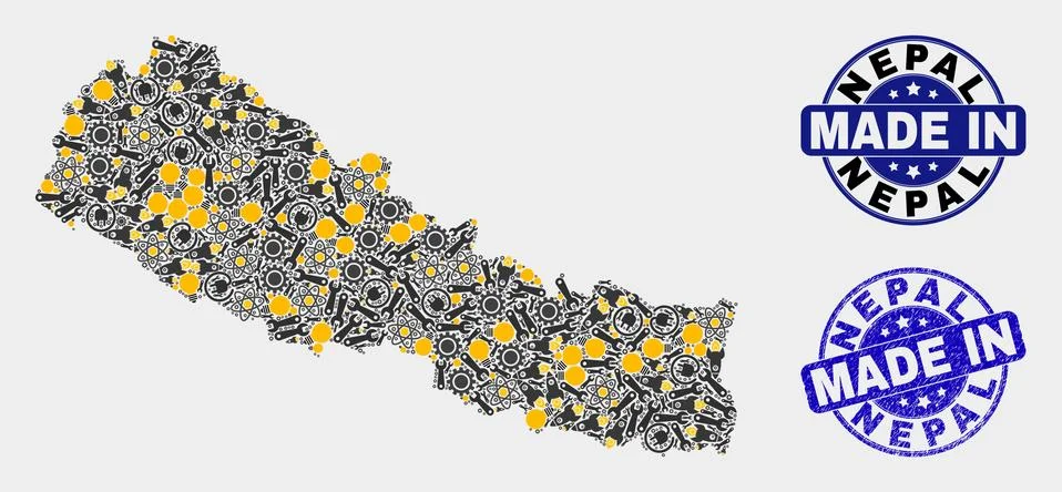 Mosaic Nepal Map of Industry Elements and Made In Grunge Seal Illustrazione stock