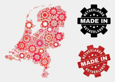 Mosaic Netherlands Map of Gearwheel Elements and Grunge Stamp Stock Illustration