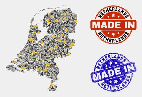 Mosaic Netherlands Map of Industry Elements and Made In Grunge Stamp Stockillustratie