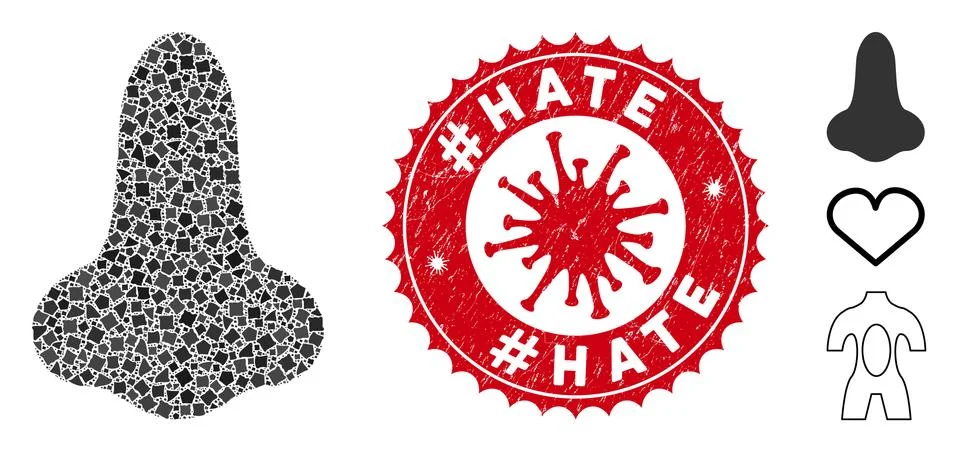 Mosaic Nose Icon of Abrupt Elements with Coronavirus Scratched #Hate Stamp 스톡 일러스트