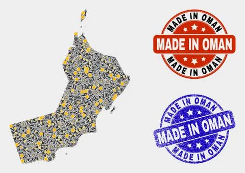 Mosaic Oman Map of Industry Elements and Made In Grunge Stamp Stock Illustration