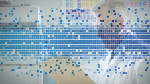 Mosaic overlay drifting, technician picking up clipboard ensuring data accuracy Stock Footage 310643350