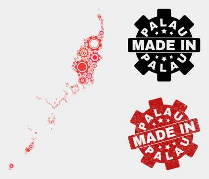 Mosaic Palau Map of Cog Elements and Grunge Seal Illustrazione stock