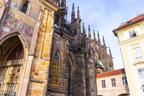 Mosaic panel arch on facade Saint Vitus Cathedral church in Prague Czech Stock Photos