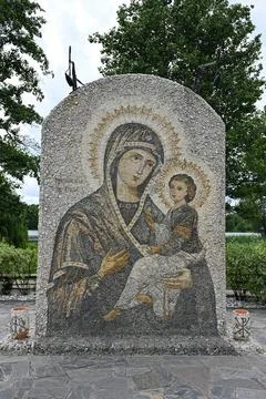 Mosaic panel with the image of the Georgian Icon of the Mother of God on th.. Stock Photos
