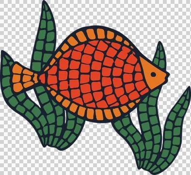 Mosaic-patterned fish is swimming among green seaweed fronds in flat design, Stock Illustration