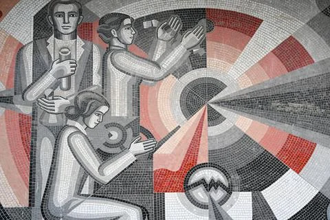 Mosaic patterns on the building of an old Soviet plant in Volgograd. Stock Photos