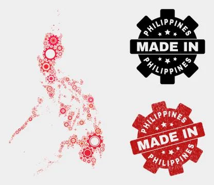Mosaic Philippines Map of Cog Items and Grunge Seal 스톡 일러스트
