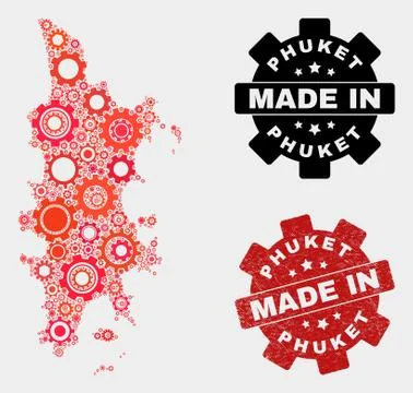 Mosaic Phuket Map of Cog Elements and Grunge Seal Stockillustratie