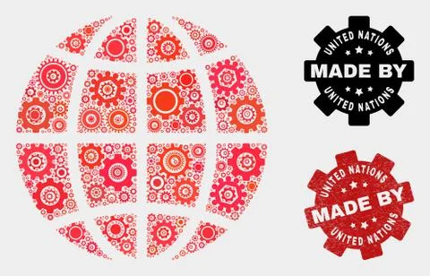 Mosaic Planet Globe of Cogwheel Elements and Grunge Seal Stock Illustration