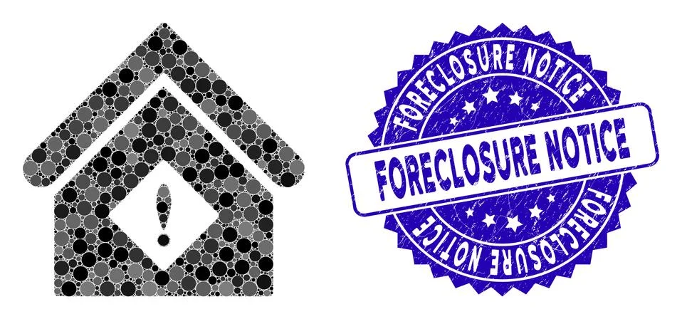 Mosaic Problem Building Icon with Textured Foreclosure Notice Seal Ilustración de archivo