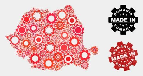 Mosaic Romania Map of Cogwheel Elements and Grunge Seal Illustrazione stock