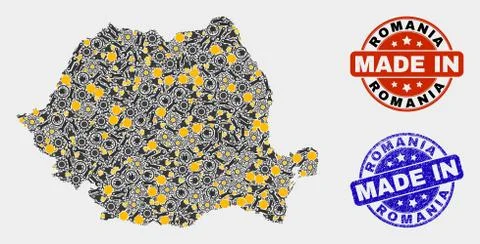 Mosaic Romania Map of Workshop Elements and Made In Grunge Stamp Illustrazione stock