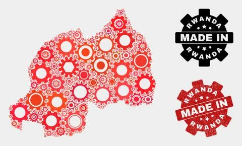 Mosaic Rwanda Map of Gear Items and Grunge Stamp 스톡 일러스트