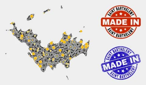 Mosaic Saint Barthelemy Map of Industrial Elements and Made In Grunge Stamp Stock Illustration