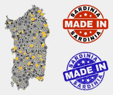 Mosaic Sardinia Map of Production Elements and Made In Grunge Stamp Stock Illustration
