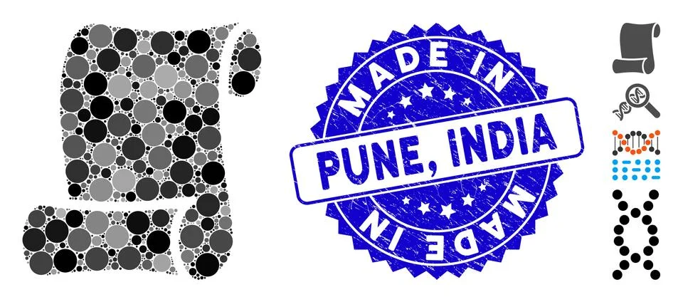 Mosaic Script Icon with Scratched Made in Pune, India Seal Stock Illustration