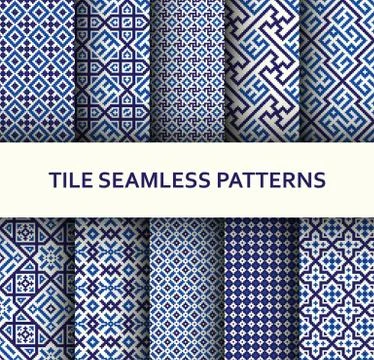 Mosaic seamless patterns set. Modern geometric textures Stock Illustration