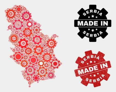Mosaic Serbia Map of Cog Elements and Grunge Seal イラスト素材