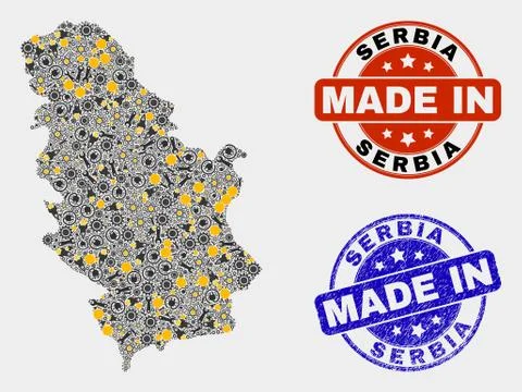 Mosaic Serbia Map of Workshop Elements and Made In Grunge Stamp Stock Illustration