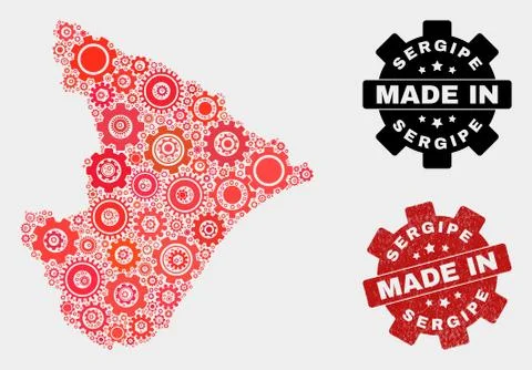 Mosaic Sergipe State Map of Gear Elements and Grunge Stamp 스톡 일러스트