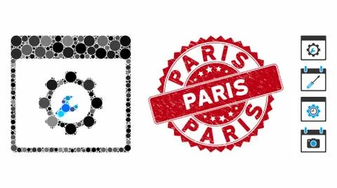 Mosaic Setup Tools Calendar Page Icon with Scratched Paris Stamp Stock Illustration