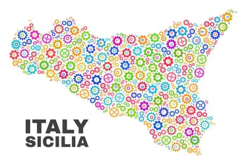 Mosaic Sicilia Map of Gear Elements Stock Illustration