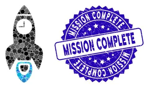 Mosaic Space Rocket Time Icon with Distress Mission Complete Stamp 스톡 일러스트