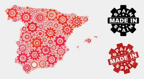 Mosaic Spain Map of Gearwheel Elements and Grunge Stamp イラスト素材